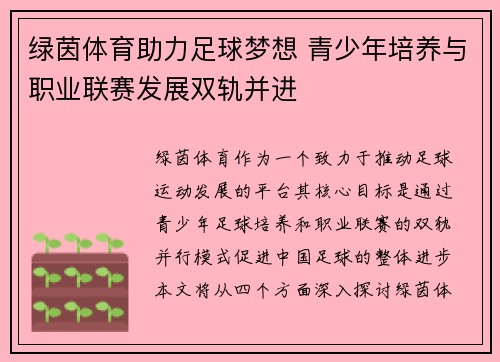 绿茵体育助力足球梦想 青少年培养与职业联赛发展双轨并进